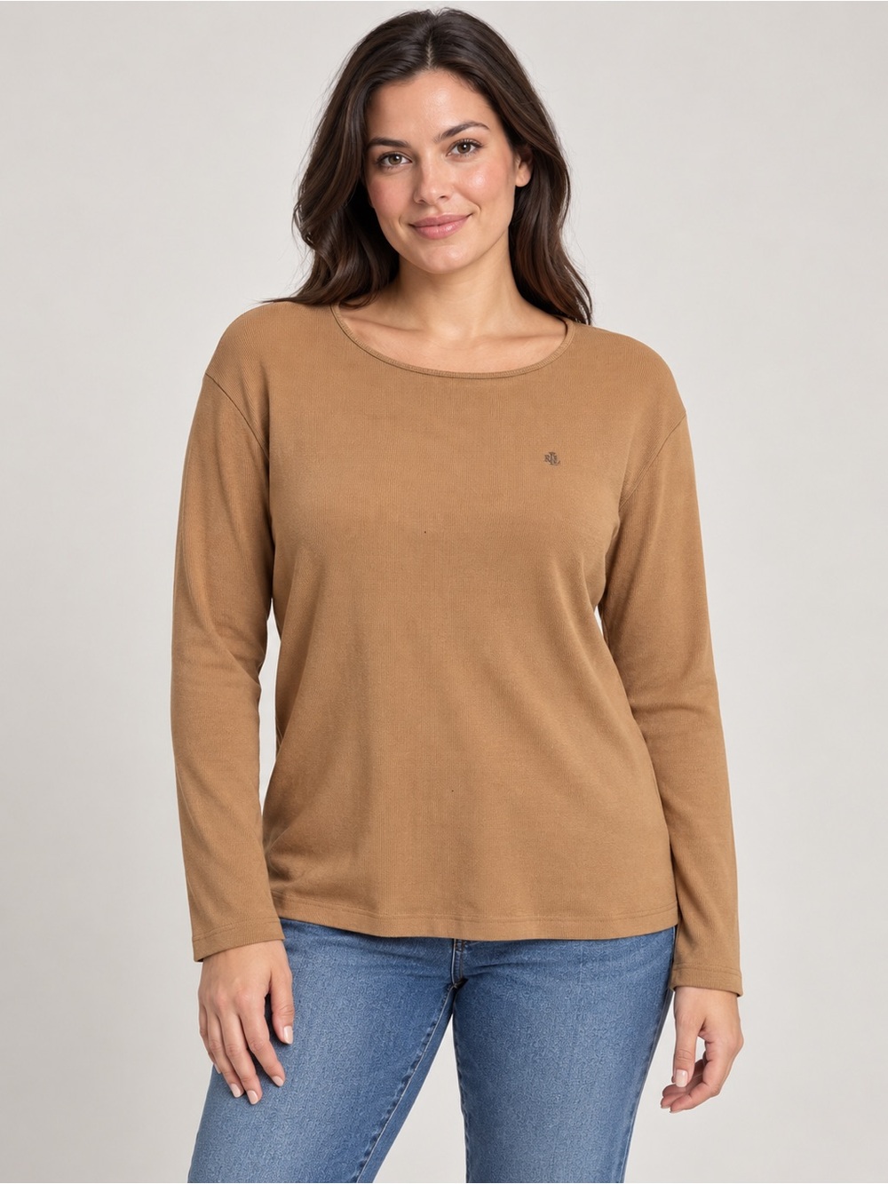 Ralph Lauren Long-Sleeve Crewneck Top in Camel Brown Large